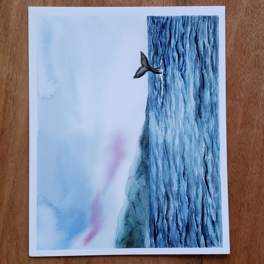 Cathy Zhang Easy Sunday Club Art "Whale Watching" 8" x 10" Watercolor